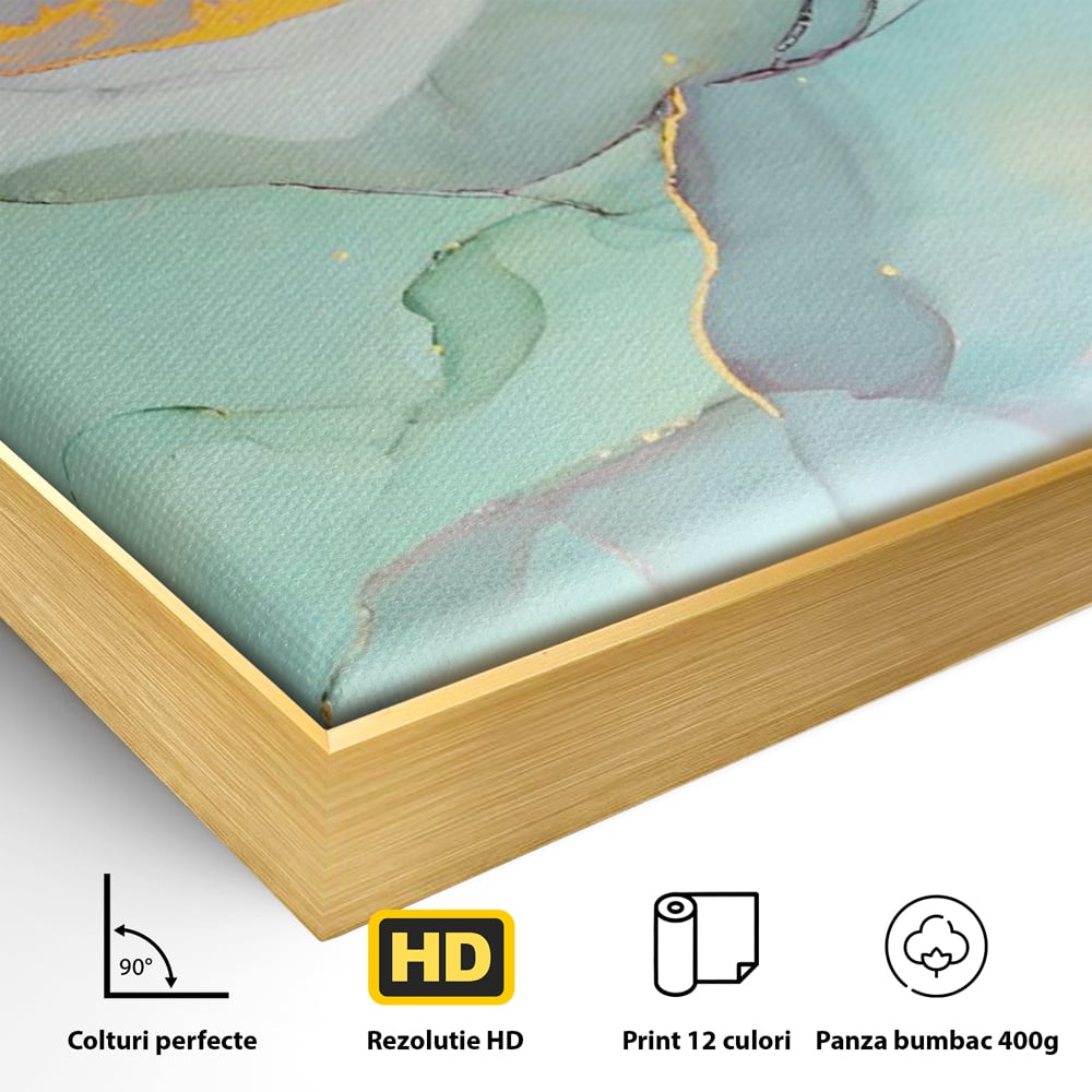 Detaliu al suprafetei: pictura abstracta cu efect de marmura colorata, in rama de aluminiu auriu