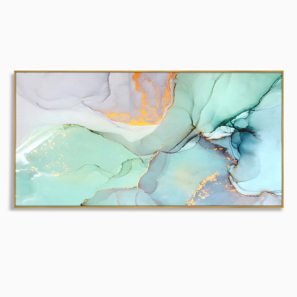 Tablou canvas cu pictura abstracta cu efect de marmura colorata, in rama de aluminiu auriu