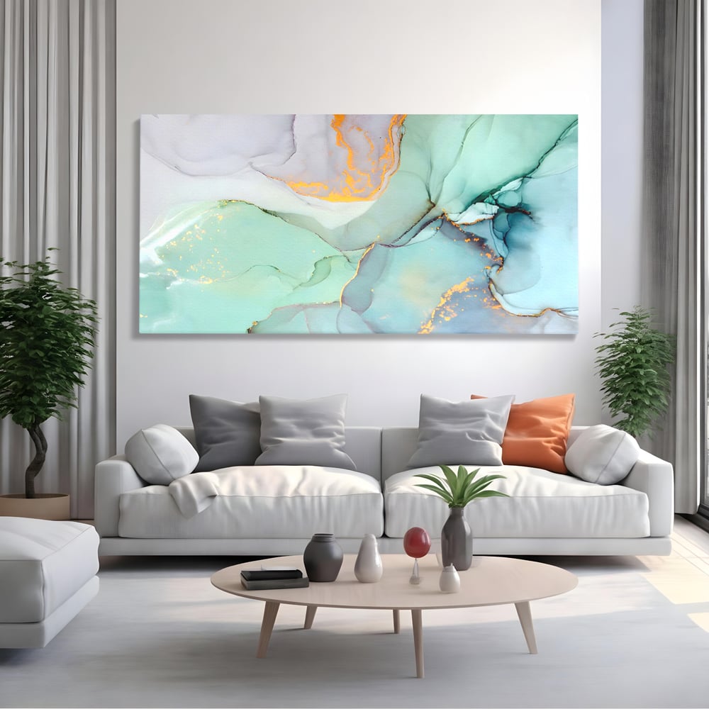 Tablou canvas cu pictura abstracta cu efect de marmura colorata, fara rama, pe sasiu de lemn, pe perete intr-un living