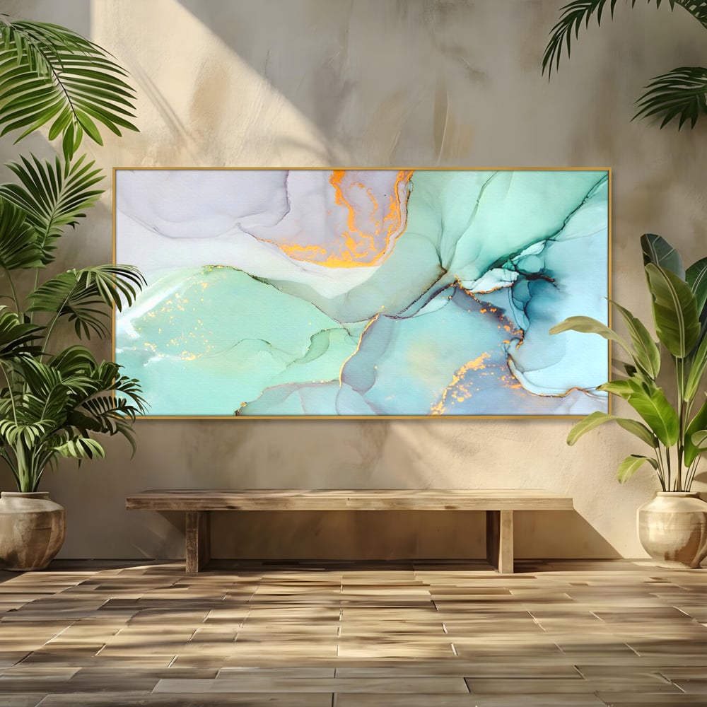 Tablou canvas cu pictura abstracta cu efect de marmura colorata, in rama de aluminiu auriu