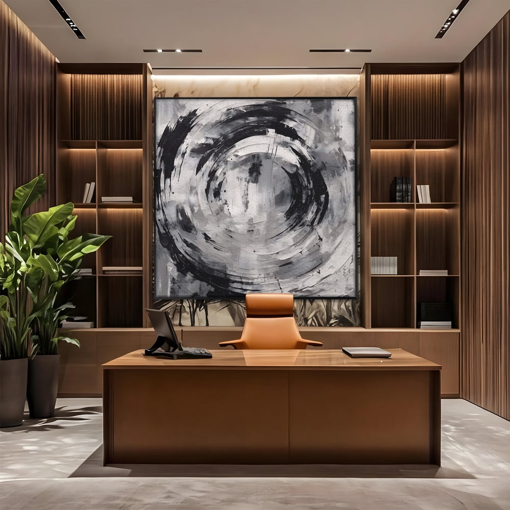Tablou canvas cu tablou canvas cu cerc abstract, in rama de aluminiu negru, pe perete intr-un birou