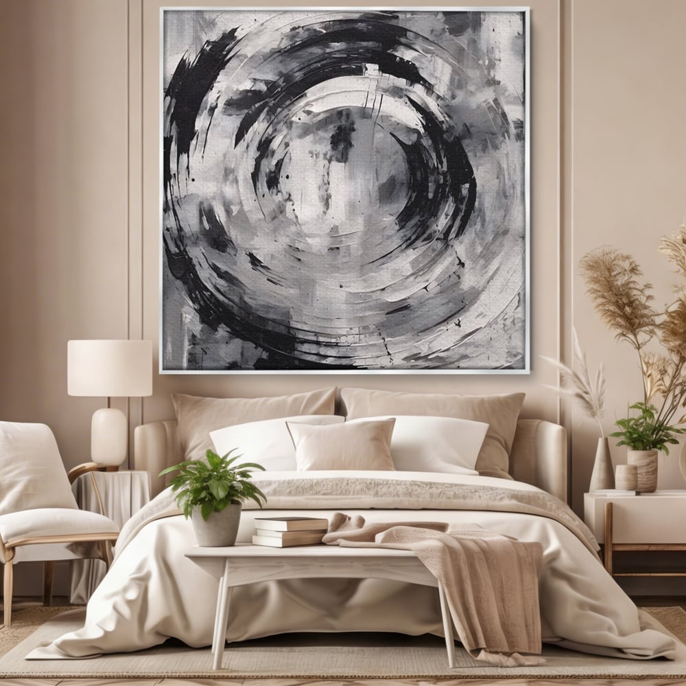 Tablou canvas cu tablou canvas cu cerc abstract, in rama de aluminiu argintiu, pe perete intr-un dormitor