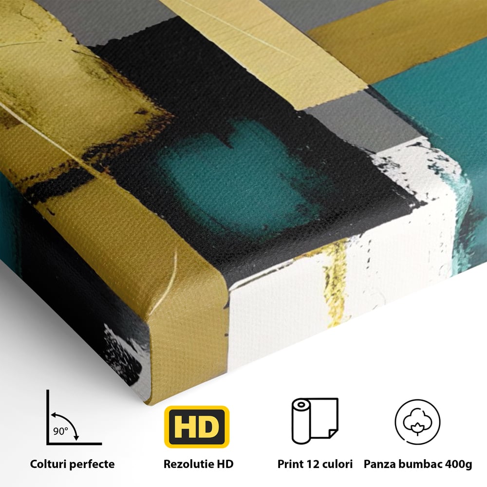 Detaliu al suprafetei: tablou canvas cu forme geometrice abstracte, fara rama, pe sasiu de lemn