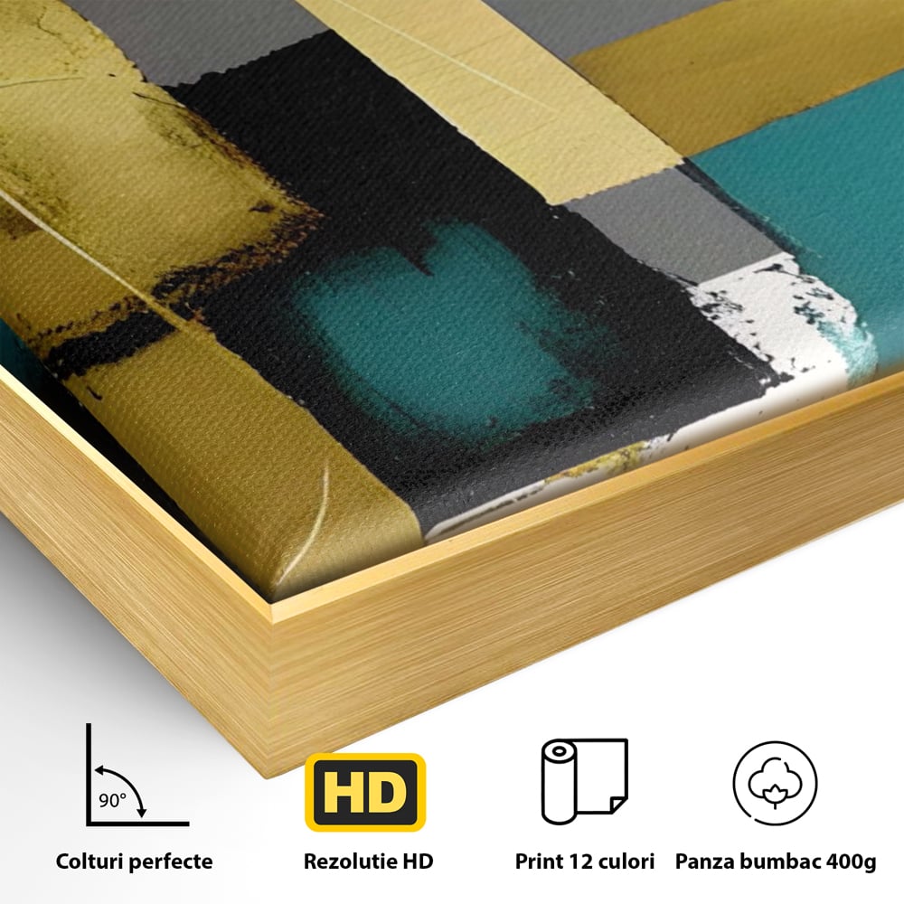 Detaliu al suprafetei: tablou canvas cu forme geometrice abstracte, in rama de aluminiu auriu