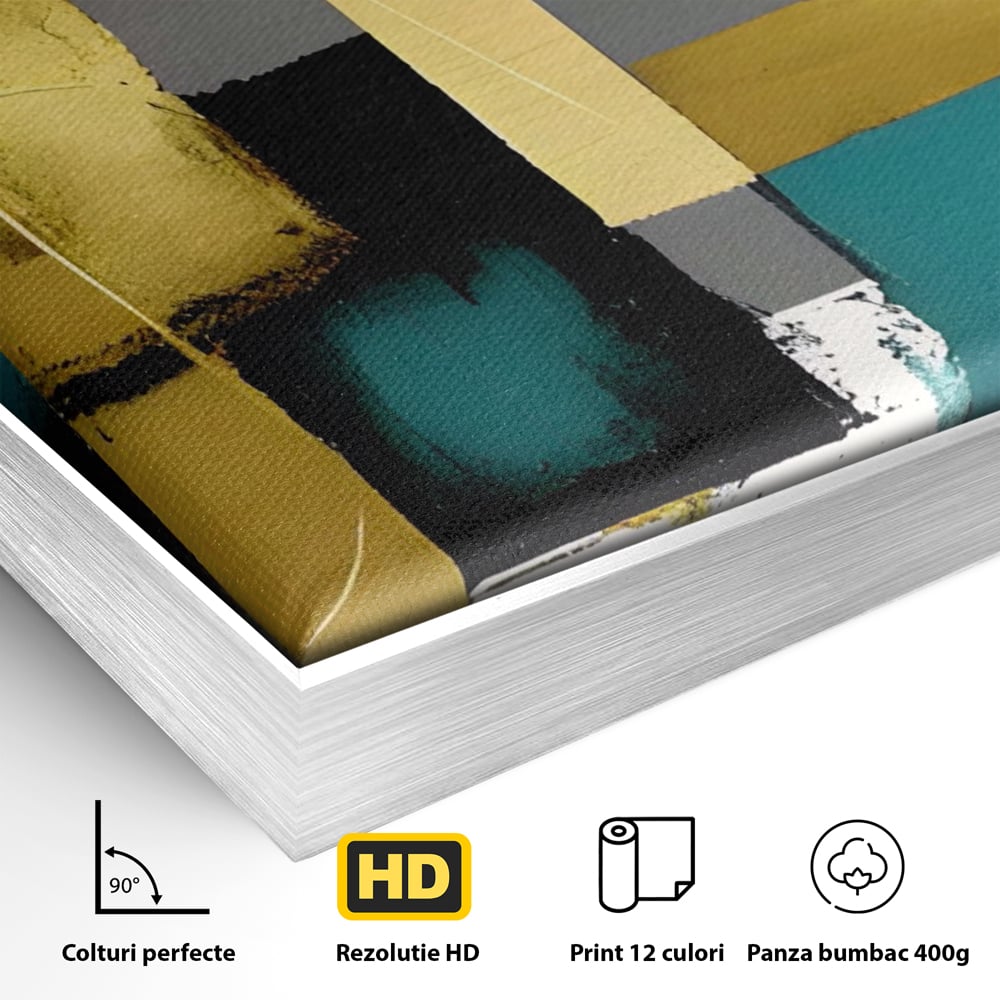 Detaliu al suprafetei: tablou canvas cu forme geometrice abstracte, in rama de aluminiu argintiu