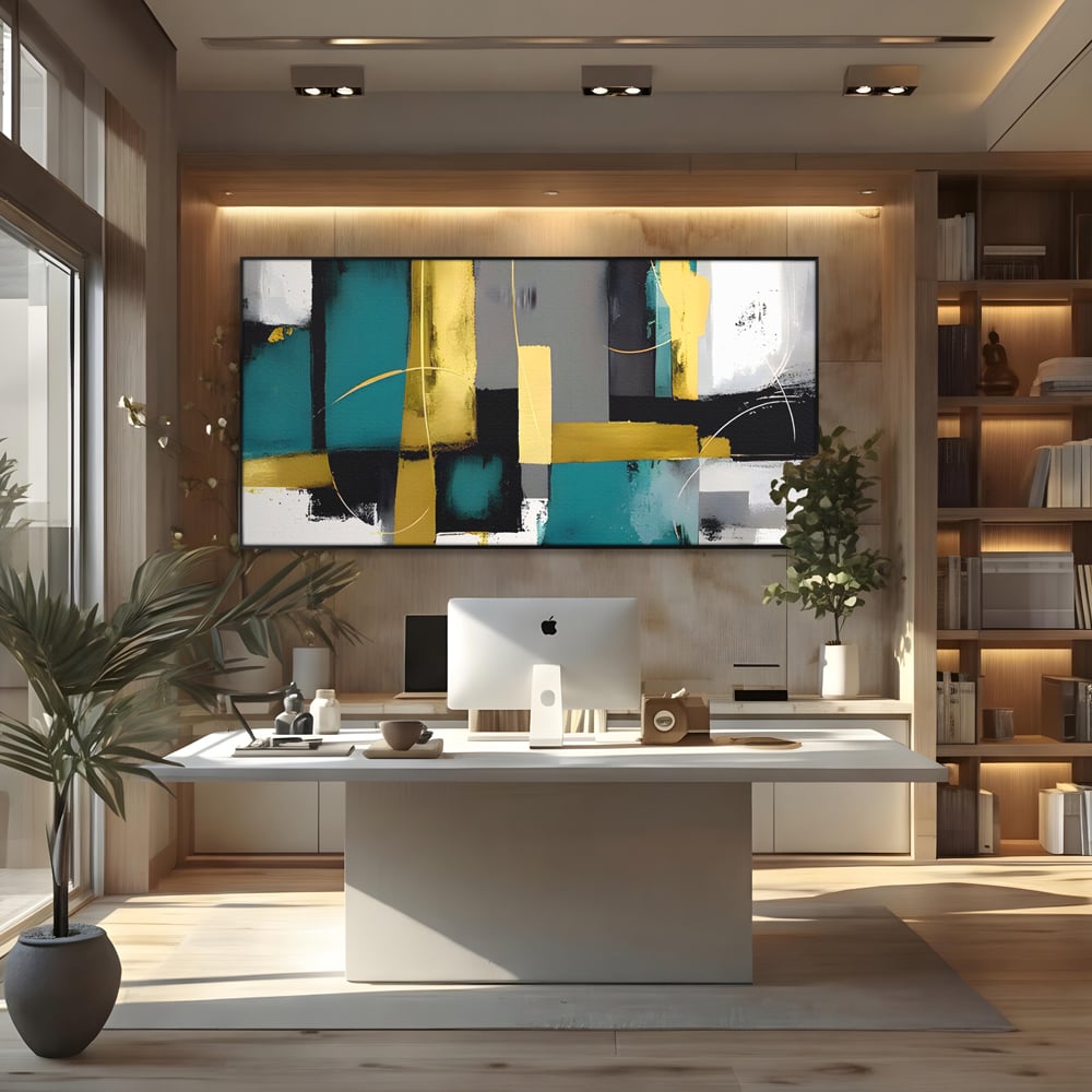 Tablou canvas cu tablou canvas cu forme geometrice abstracte, in rama de aluminiu negru, pe perete intr-un birou