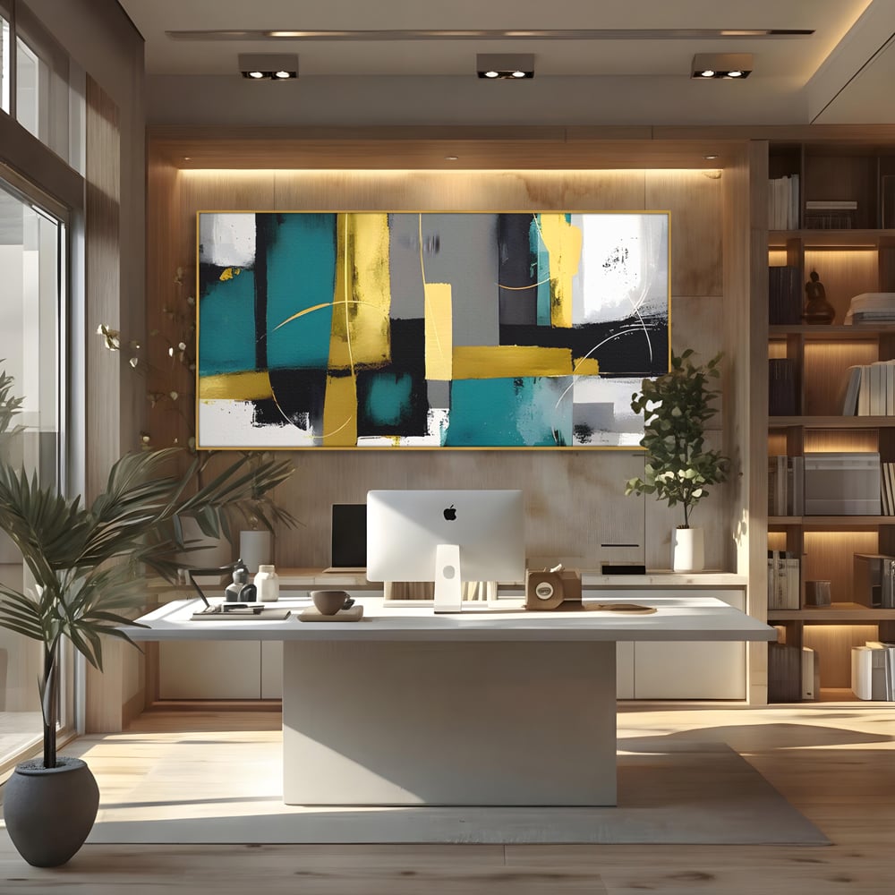 Tablou canvas cu tablou canvas cu forme geometrice abstracte, in rama de aluminiu auriu, pe perete intr-un birou