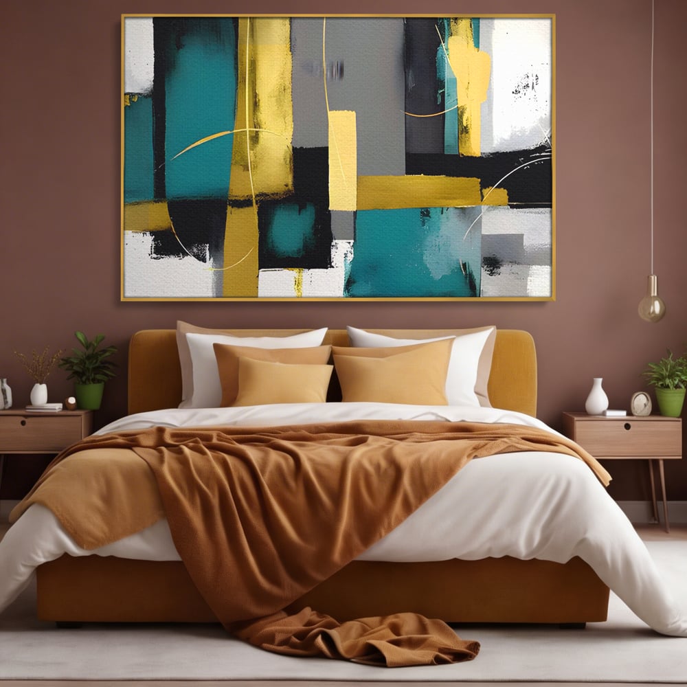 Tablou canvas cu tablou canvas cu forme geometrice abstracte, in rama de aluminiu auriu, pe perete intr-un dormitor