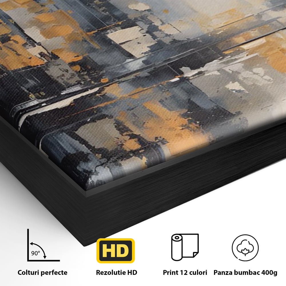 Detaliu al suprafetei: pictura abstracta cu cladiri si reflexii, in rama de aluminiu negru