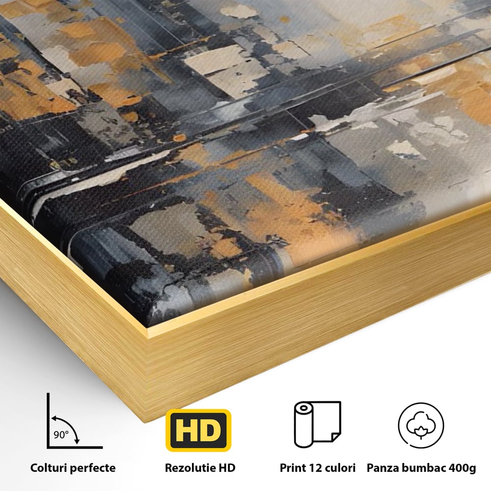 Detaliu al suprafetei: pictura abstracta cu cladiri si reflexii, in rama de aluminiu auriu