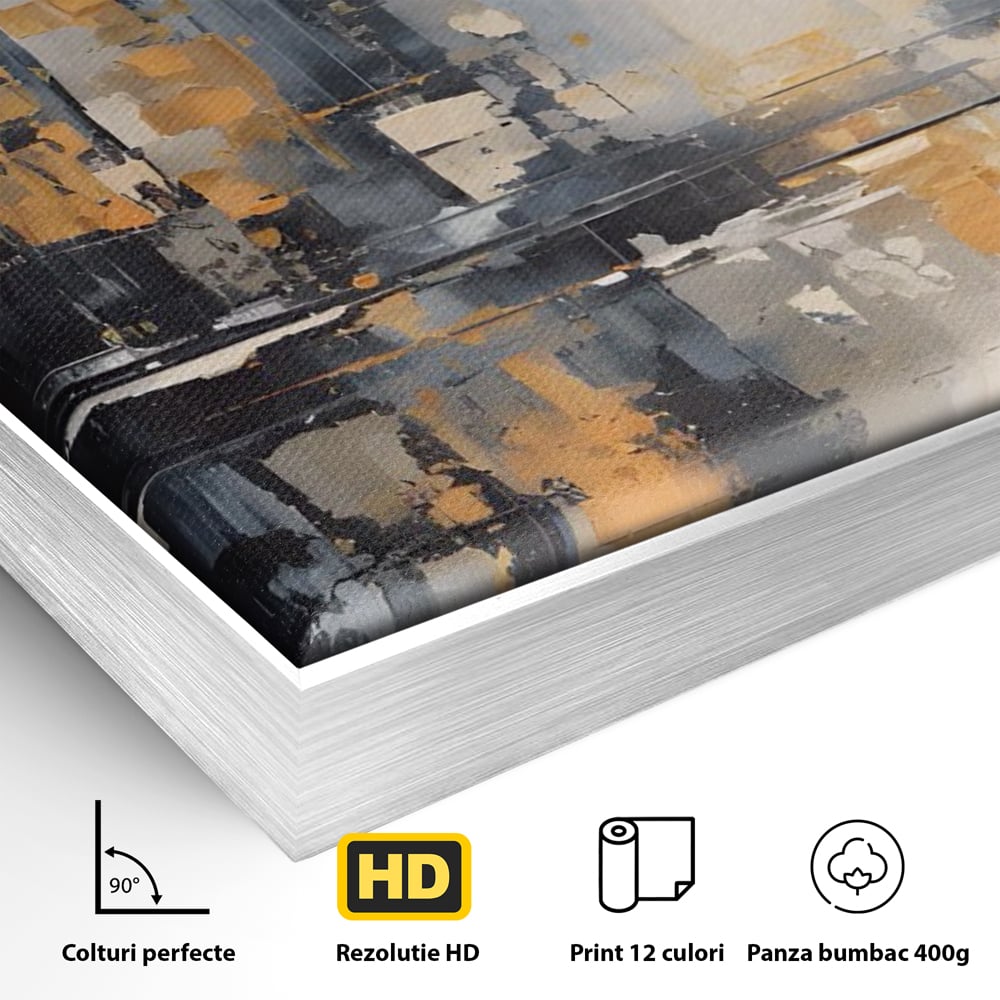 Detaliu al suprafetei: pictura abstracta cu cladiri si reflexii, in rama de aluminiu argintiu