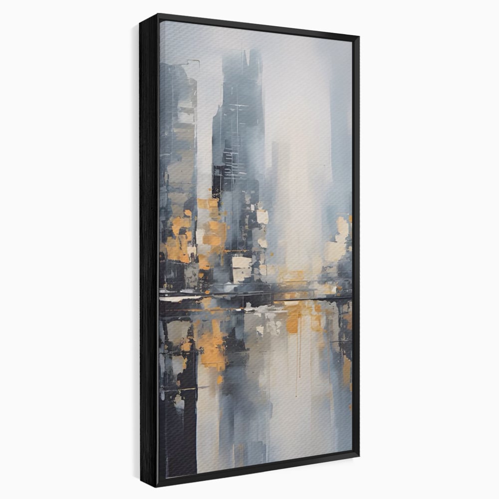 Tablou canvas cu pictura abstracta cu cladiri si reflexii, in rama de aluminiu negru