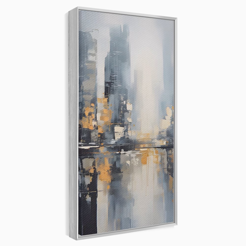 Tablou canvas cu pictura abstracta cu cladiri si reflexii, in rama de aluminiu argintiu