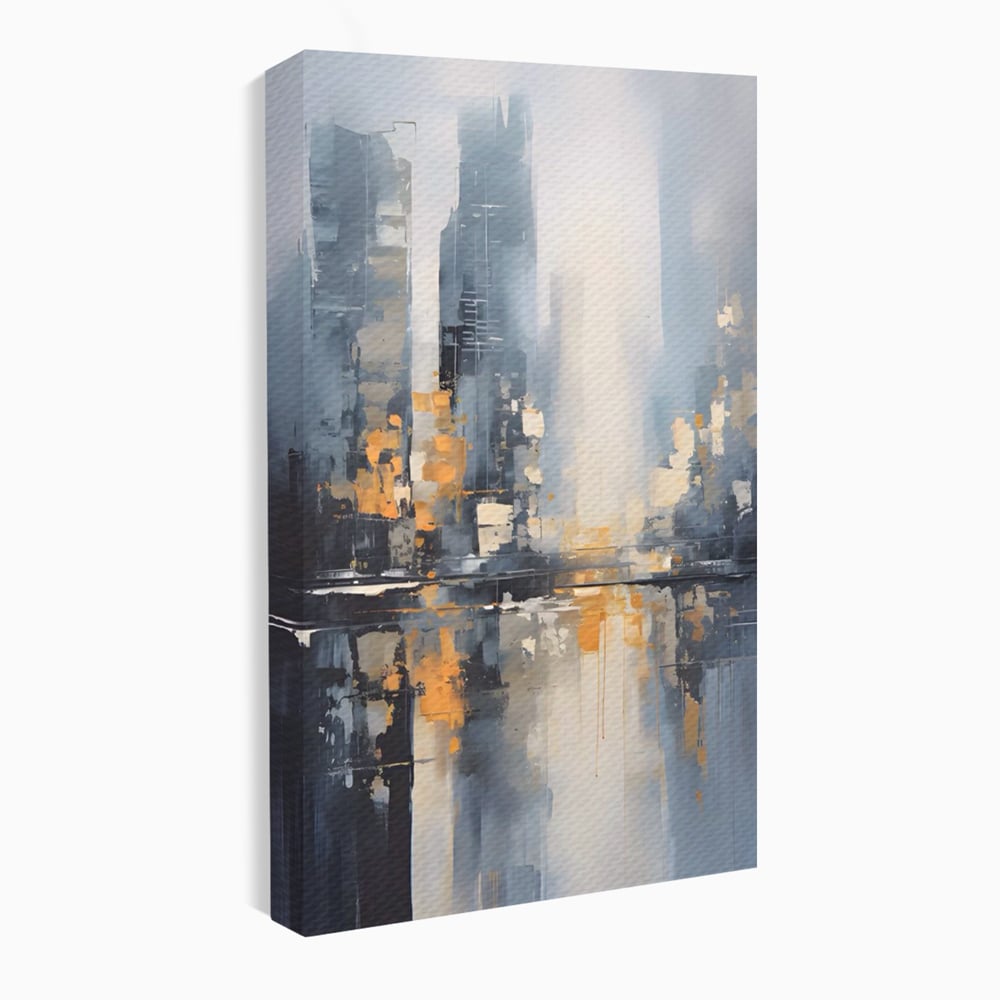 Tablou canvas cu pictura abstracta cu cladiri si reflexii, fara rama, pe sasiu de lemn