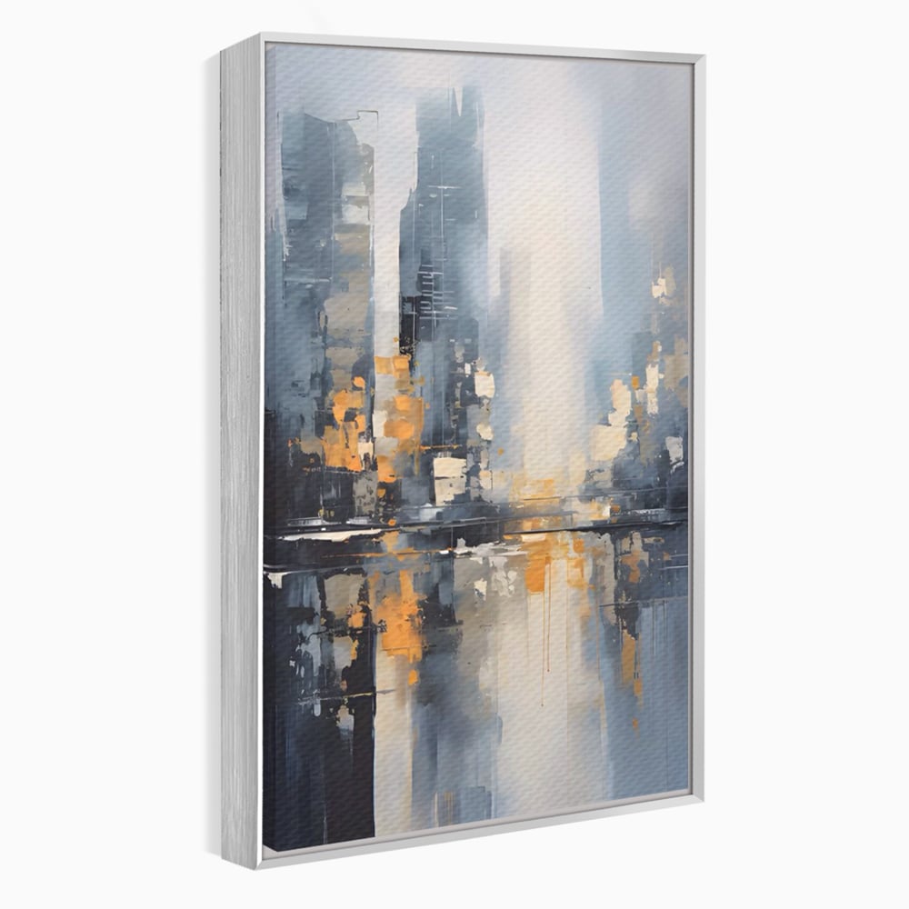 Tablou canvas cu pictura abstracta cu cladiri si reflexii, in rama de aluminiu argintiu