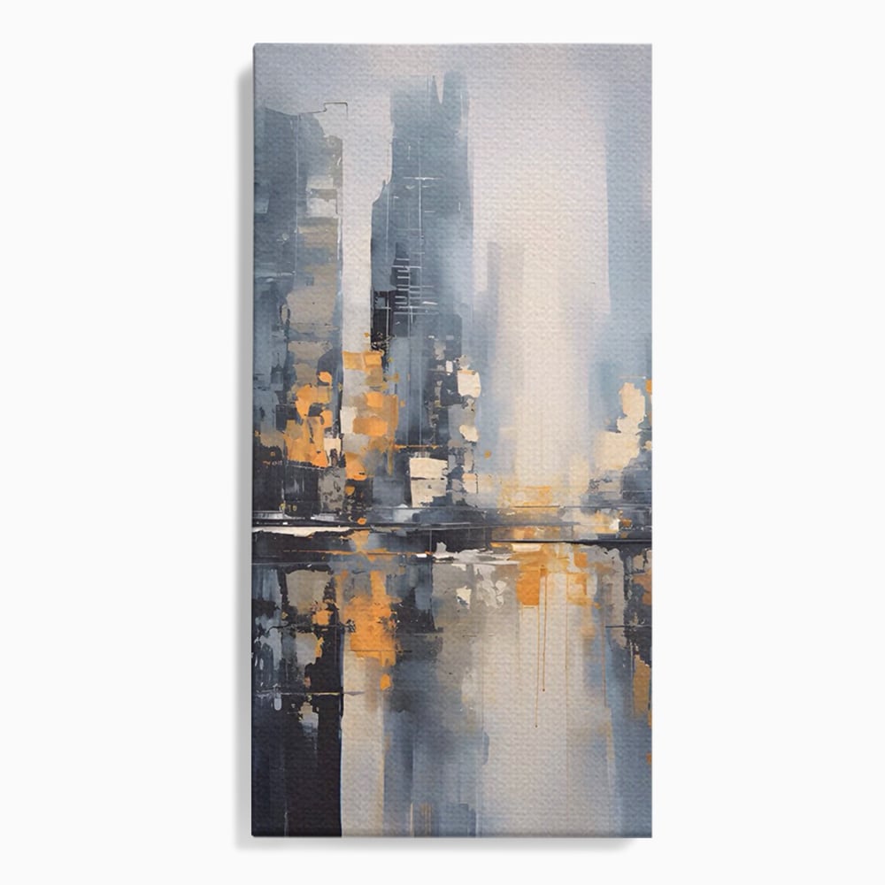 Tablou canvas cu pictura abstracta cu cladiri si reflexii, fara rama, pe sasiu de lemn