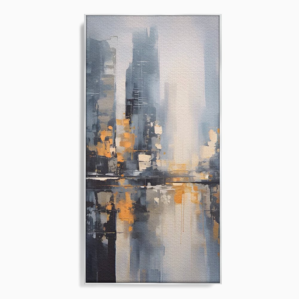 Tablou canvas cu pictura abstracta cu cladiri si reflexii, in rama de aluminiu argintiu