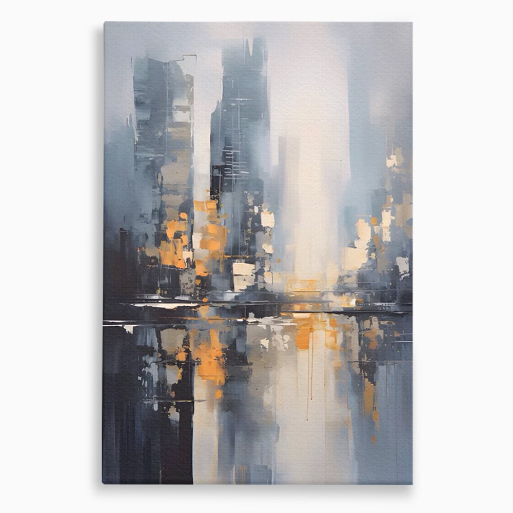 Tablou canvas cu pictura abstracta cu cladiri si reflexii, fara rama, pe sasiu de lemn