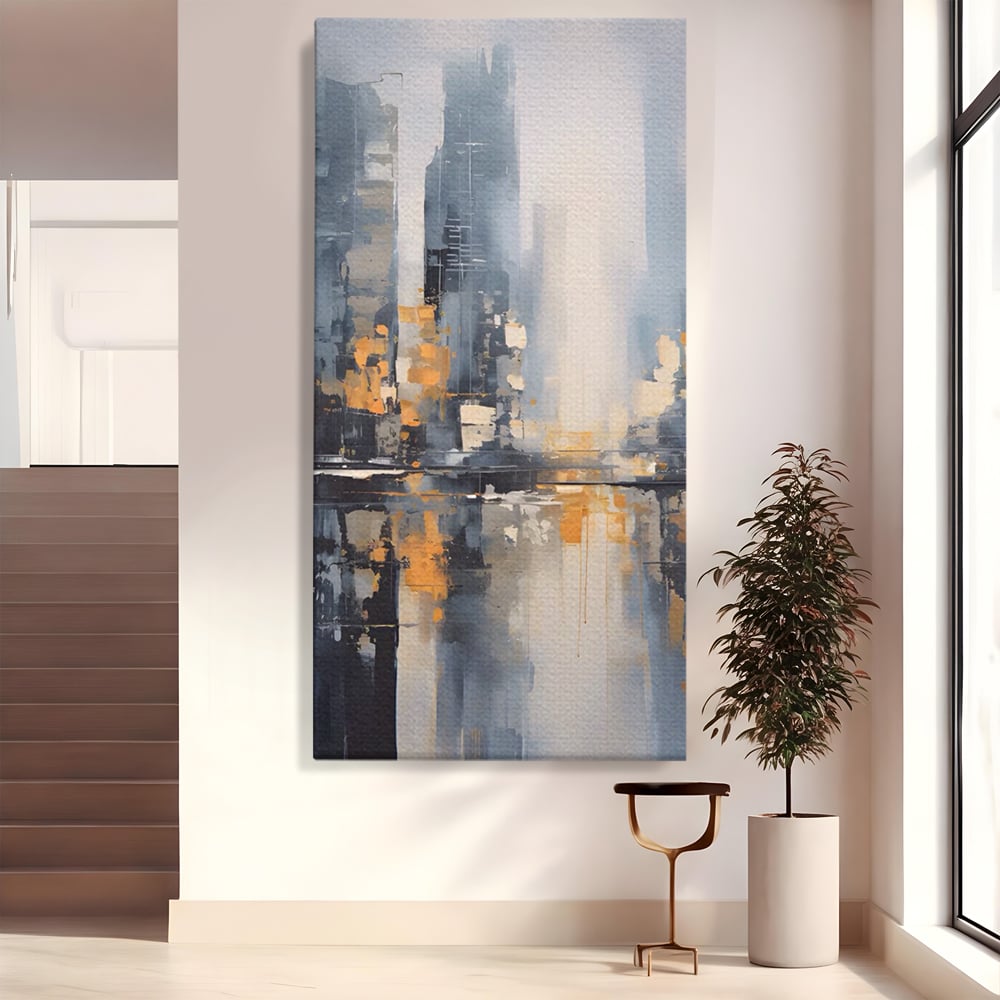 Tablou canvas cu pictura abstracta cu cladiri si reflexii, fara rama, pe sasiu de lemn