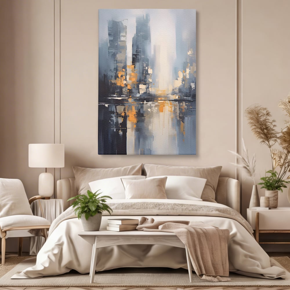 Tablou canvas cu pictura abstracta cu cladiri si reflexii, fara rama, pe sasiu de lemn, pe perete intr-un dormitor