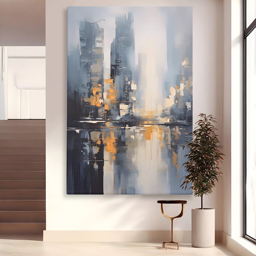 Tablou canvas cu pictura abstracta cu cladiri si reflexii, fara rama, pe sasiu de lemn