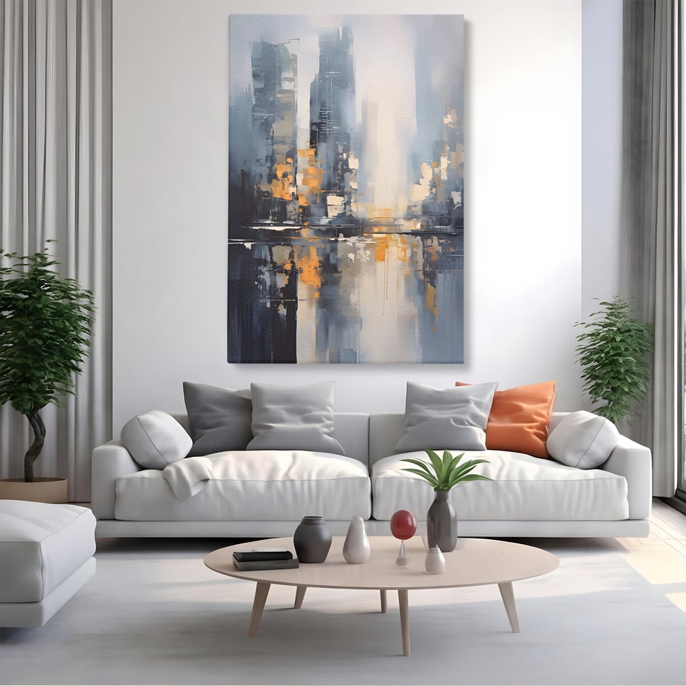 Tablou canvas cu pictura abstracta cu cladiri si reflexii, fara rama, pe sasiu de lemn, pe perete intr-un living