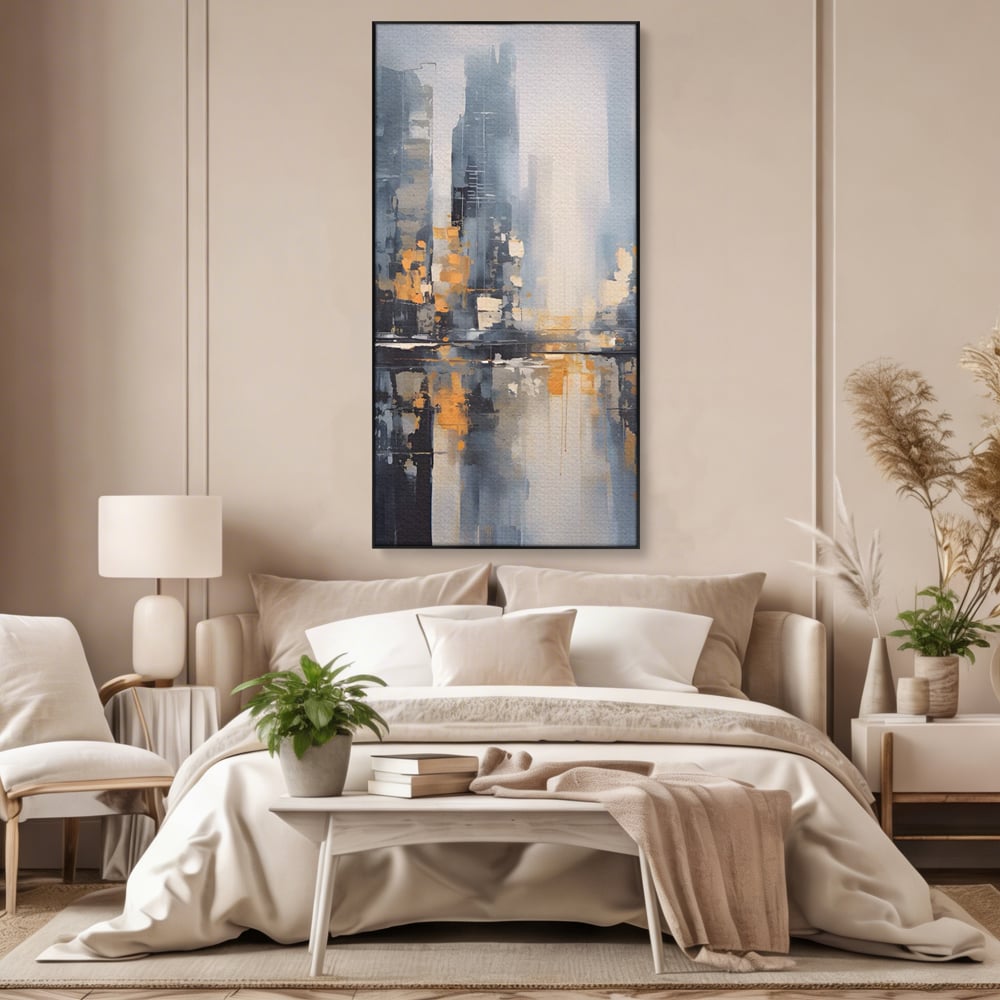 Tablou canvas cu pictura abstracta cu cladiri si reflexii, in rama de aluminiu negru, pe perete intr-un dormitor