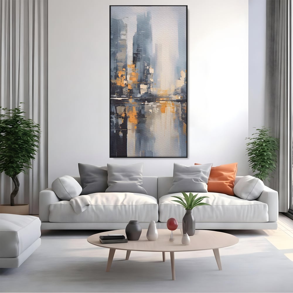 Tablou canvas cu pictura abstracta cu cladiri si reflexii, in rama de aluminiu negru, pe perete intr-un living