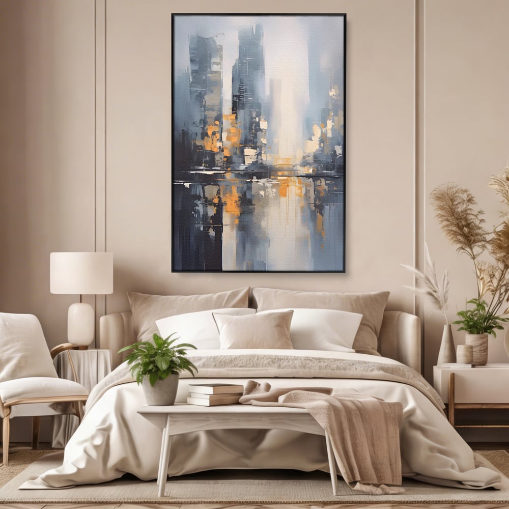 Tablou canvas cu pictura abstracta cu cladiri si reflexii, in rama de aluminiu negru, pe perete intr-un dormitor