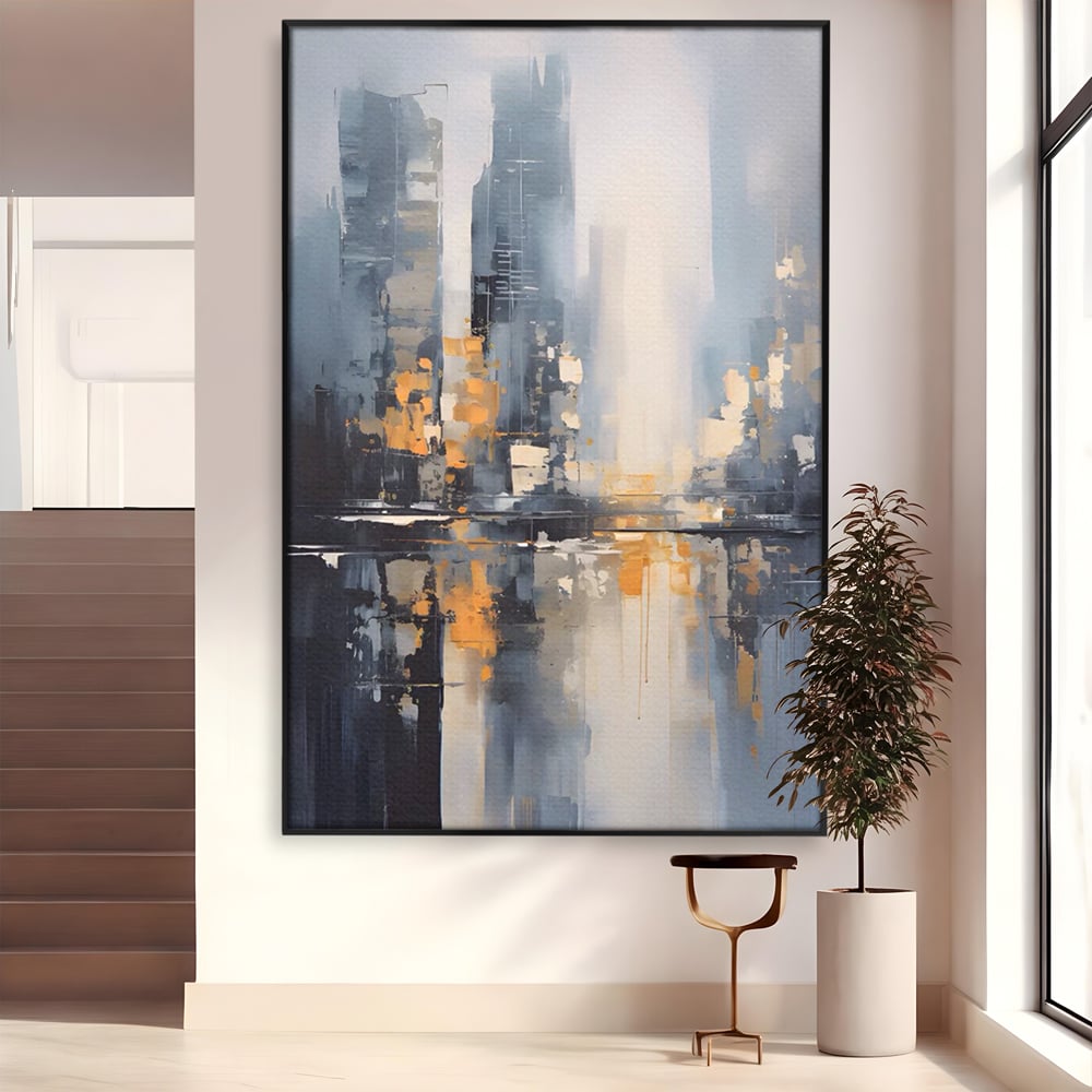 Tablou canvas cu pictura abstracta cu cladiri si reflexii, in rama de aluminiu negru