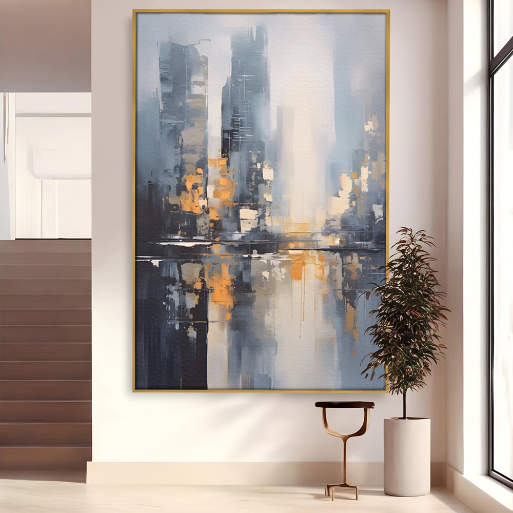 Tablou canvas cu pictura abstracta cu cladiri si reflexii, in rama de aluminiu auriu
