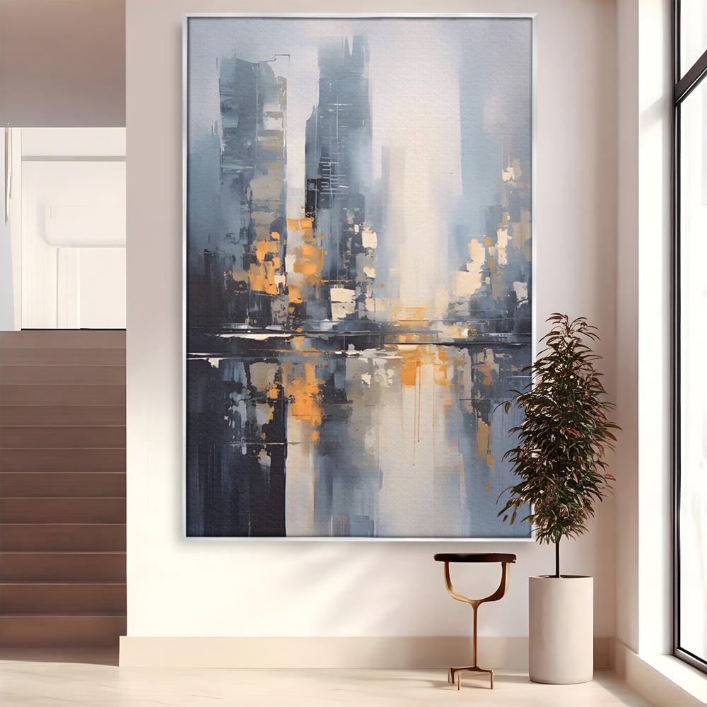 Tablou canvas cu pictura abstracta cu cladiri si reflexii, in rama de aluminiu argintiu