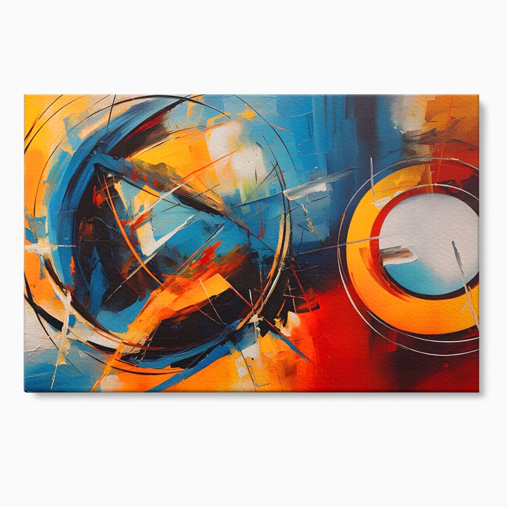Tablou canvas cu pictura abstracta cu cercuri si linii, fara rama, pe sasiu de lemn
