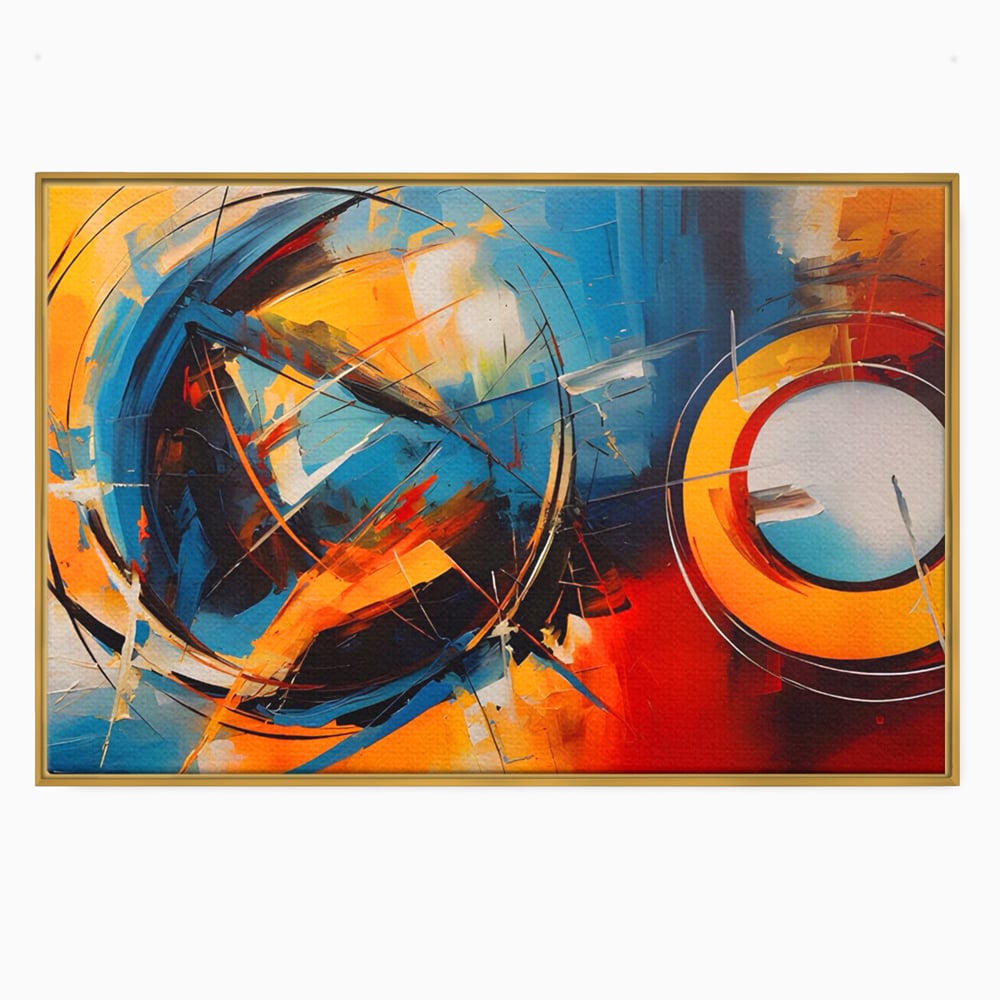 Tablou canvas cu pictura abstracta cu cercuri si linii, in rama de aluminiu auriu