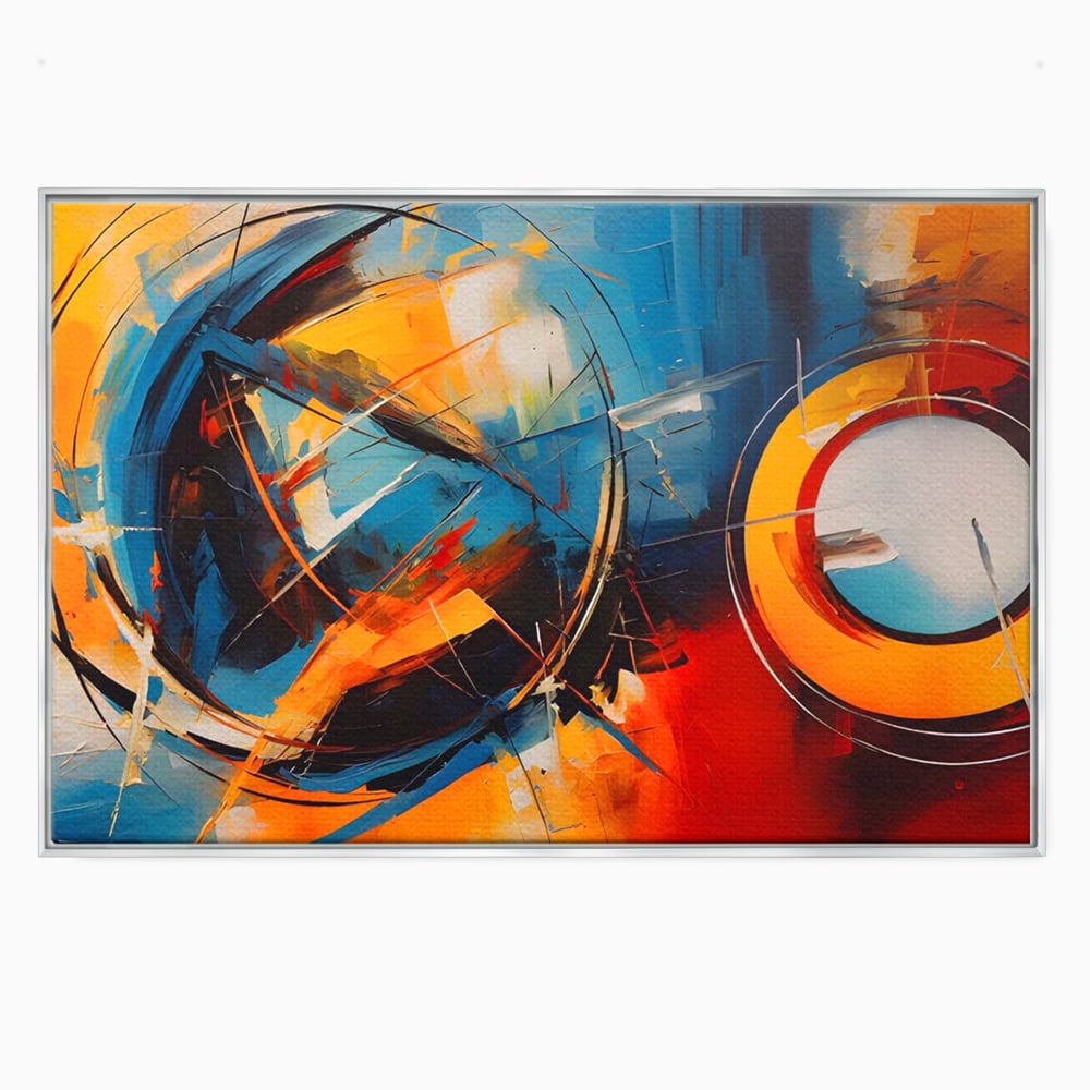 Tablou canvas cu pictura abstracta cu cercuri si linii, in rama de aluminiu argintiu