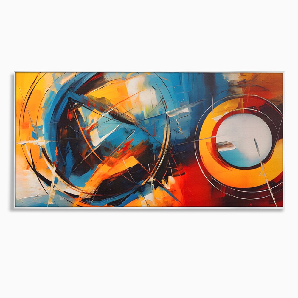 Tablou canvas cu pictura abstracta cu cercuri si linii, in rama de aluminiu argintiu