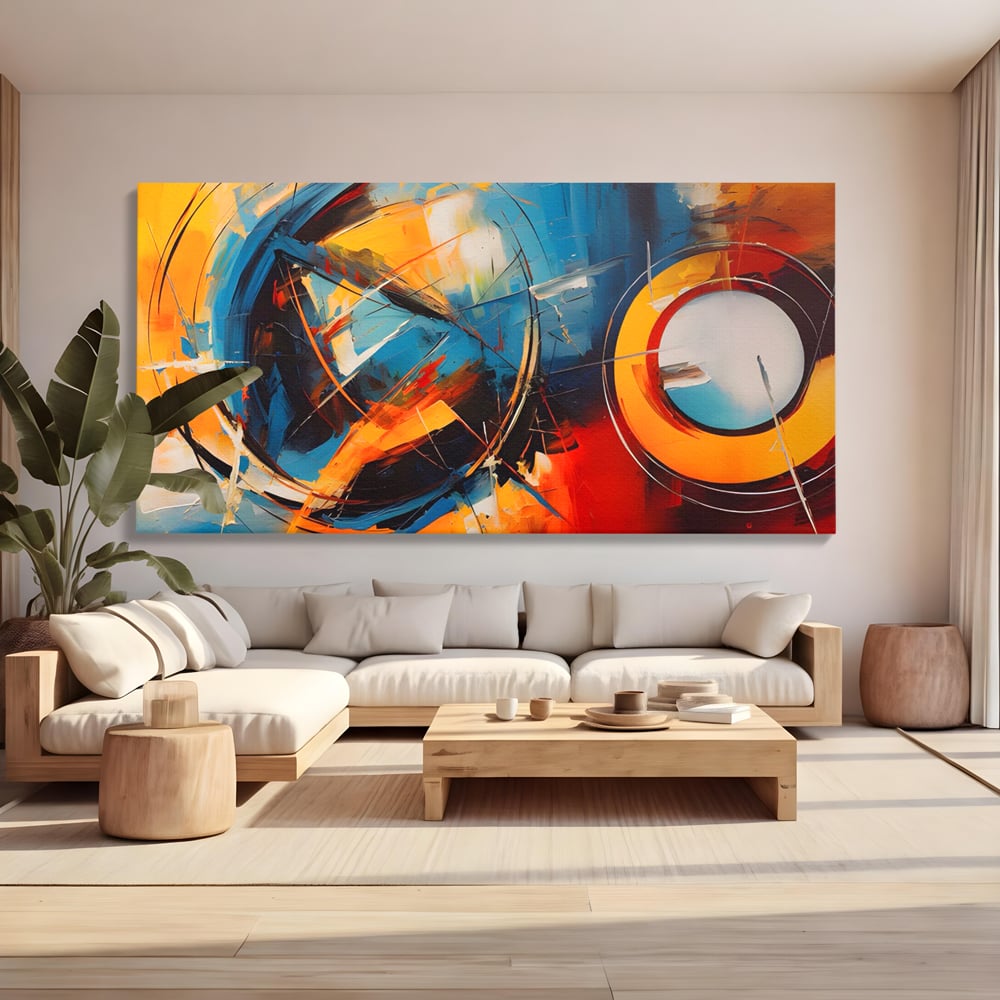 Tablou canvas cu pictura abstracta cu cercuri si linii, fara rama, pe sasiu de lemn, pe perete intr-un living