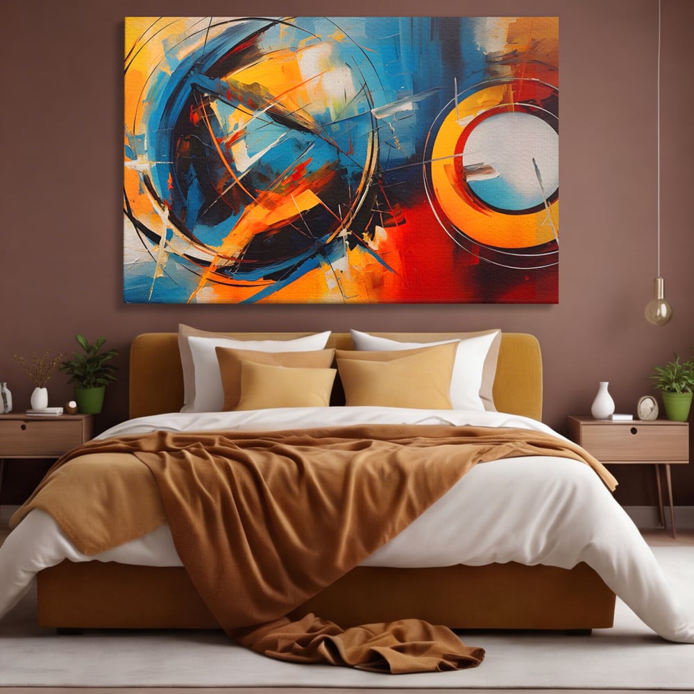 Tablou canvas cu pictura abstracta cu cercuri si linii, fara rama, pe sasiu de lemn, pe perete intr-un dormitor