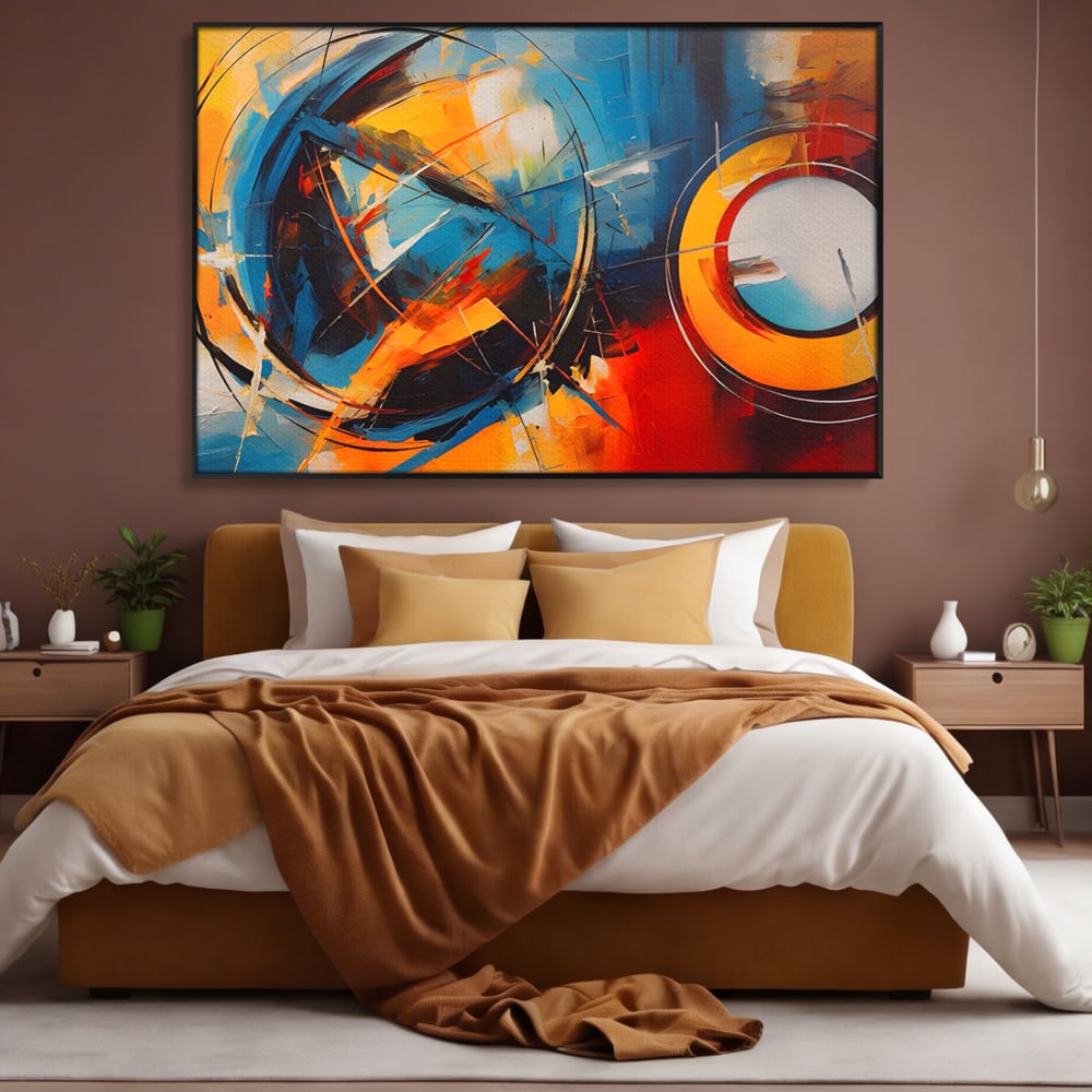 Tablou canvas cu pictura abstracta cu cercuri si linii, in rama de aluminiu negru, pe perete intr-un dormitor