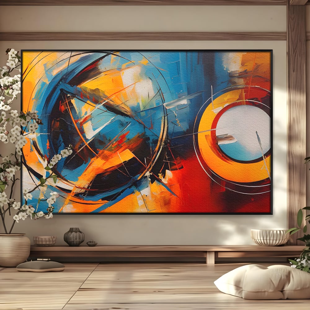 Tablou canvas cu pictura abstracta cu cercuri si linii, in rama de aluminiu negru