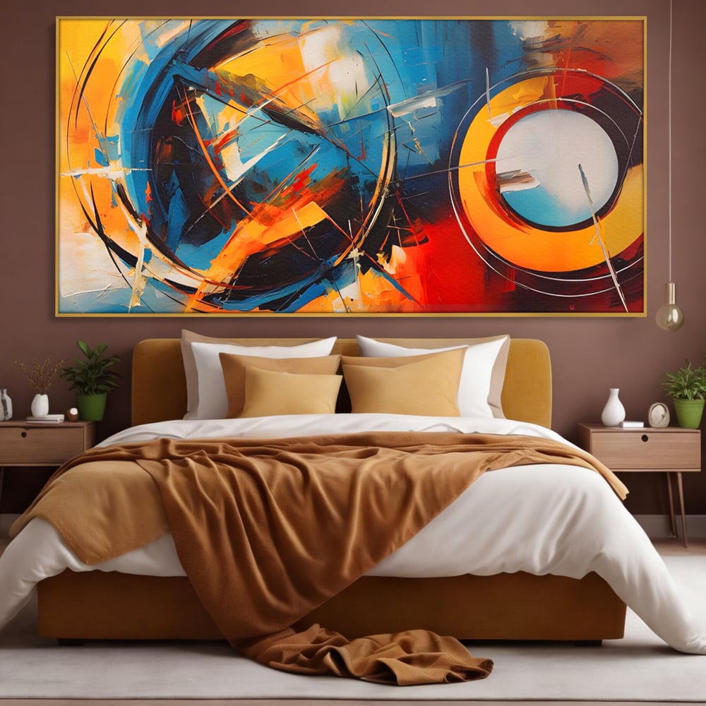 Tablou canvas cu pictura abstracta cu cercuri si linii, in rama de aluminiu auriu, pe perete intr-un dormitor