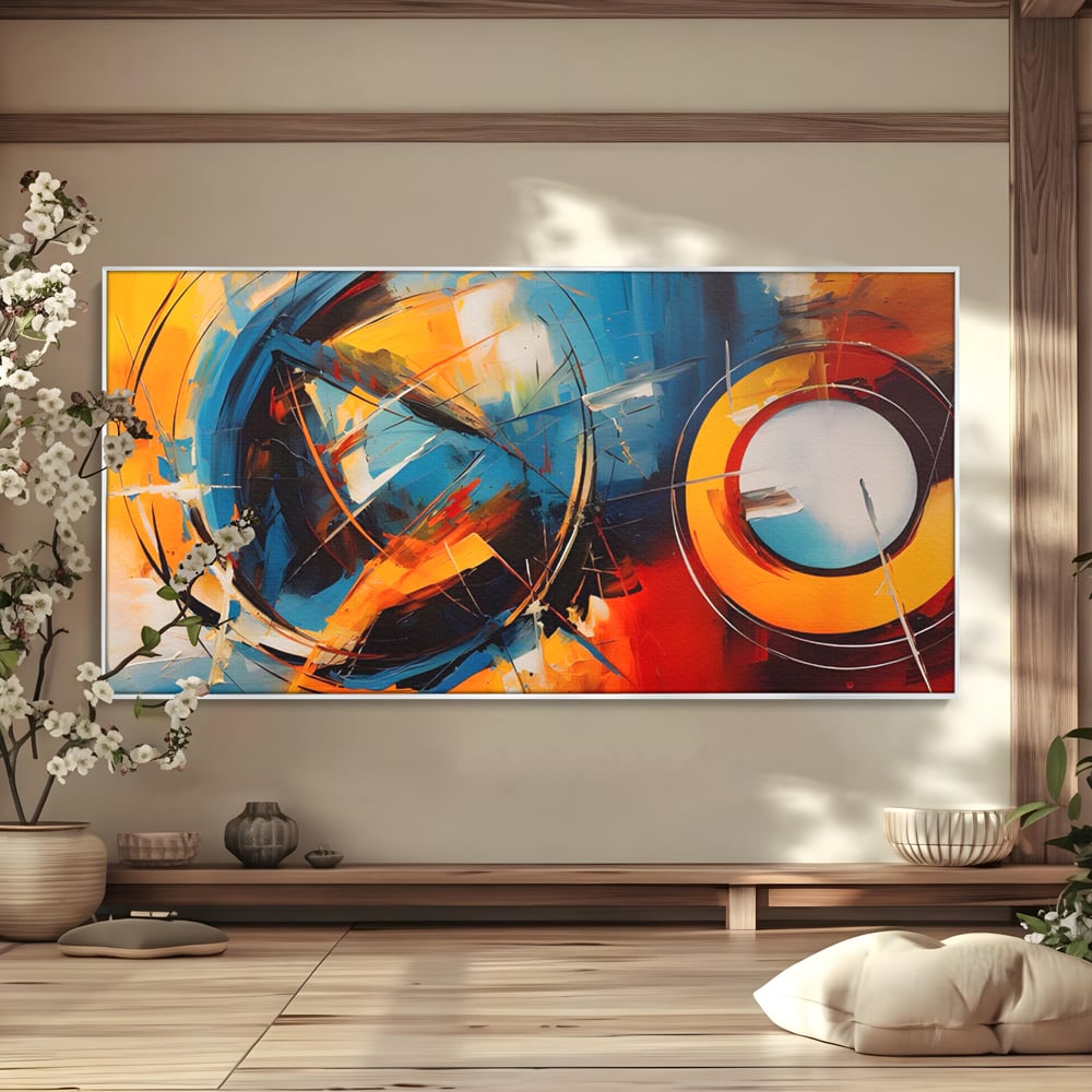 Tablou canvas cu pictura abstracta cu cercuri si linii, in rama de aluminiu argintiu