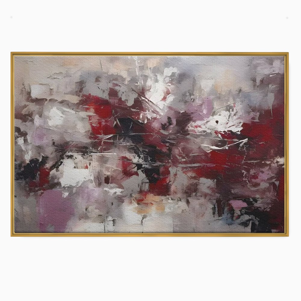 Tablou canvas cu pictura abstracta cu pete rosii, in rama de aluminiu auriu