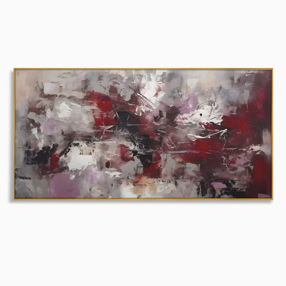 Tablou canvas cu pictura abstracta cu pete rosii, in rama de aluminiu auriu
