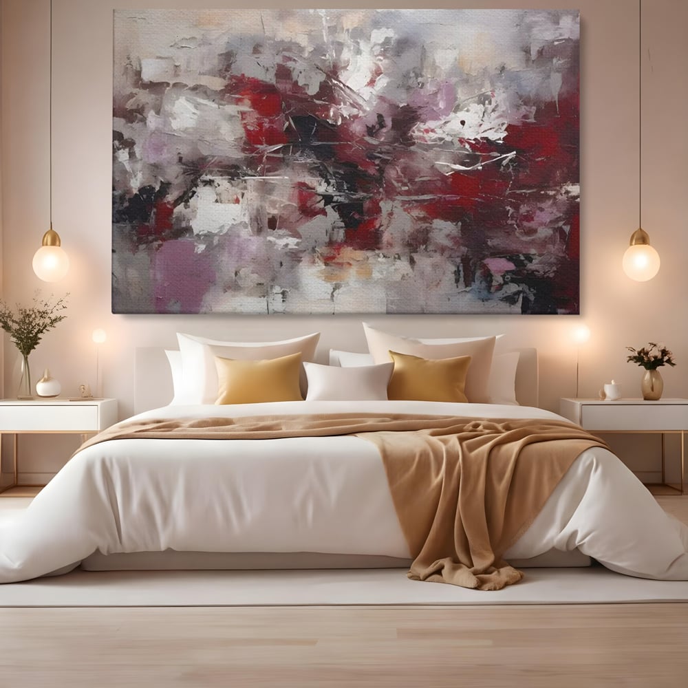Tablou canvas cu pictura abstracta cu pete rosii, fara rama, pe sasiu de lemn, pe perete intr-un dormitor