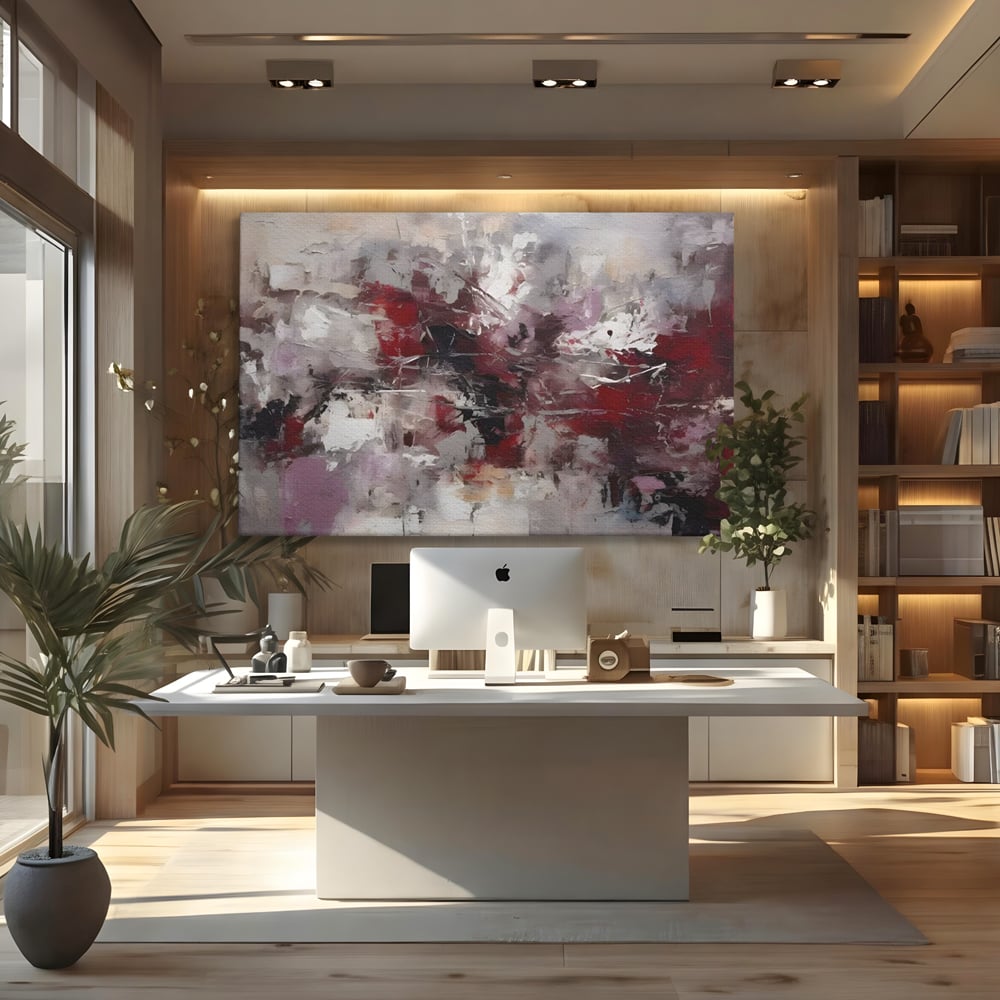 Tablou canvas cu pictura abstracta cu pete rosii, fara rama, pe sasiu de lemn, pe perete intr-un birou