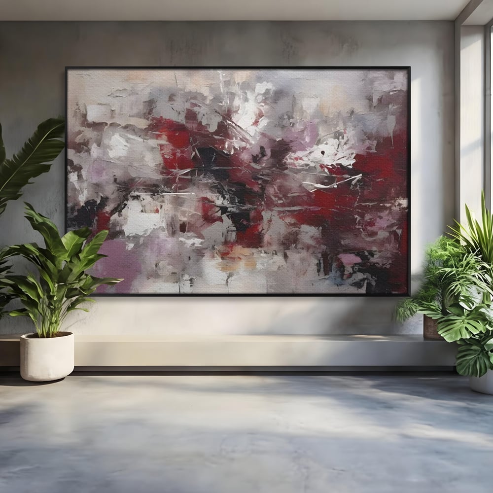 Tablou canvas cu pictura abstracta cu pete rosii, in rama de aluminiu negru