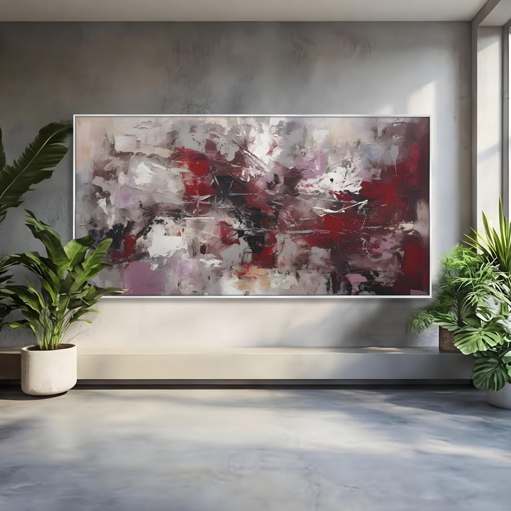 Tablou canvas cu pictura abstracta cu pete rosii, in rama de aluminiu argintiu