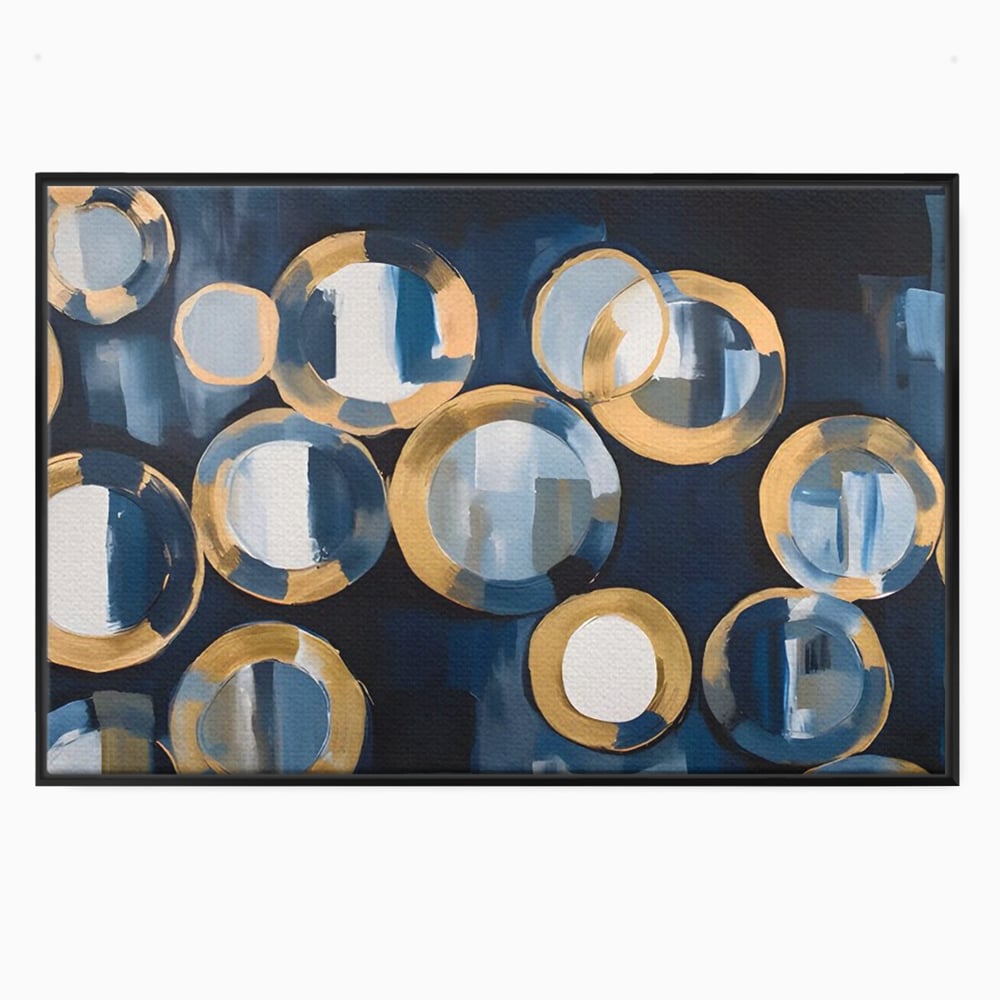 Tablou canvas cu pictura abstracta cu cercuri albastre si aurii, in rama de aluminiu negru