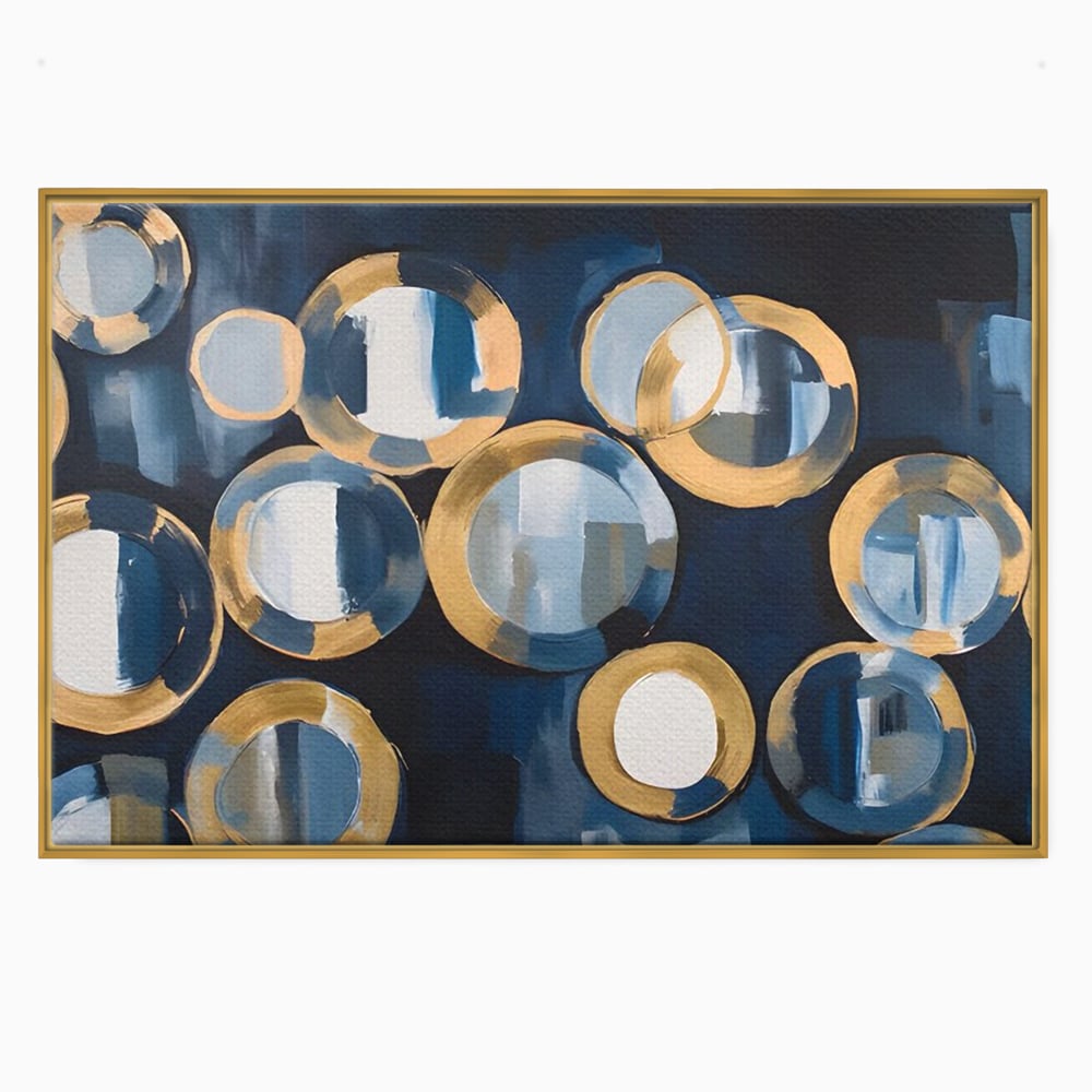 Tablou canvas cu pictura abstracta cu cercuri albastre si aurii, in rama de aluminiu auriu